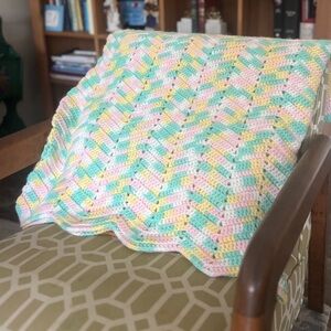 Vintage Handmade Knit Crochet Lap/Baby Blanket – Pastel Easter Colors, 52” x 35”